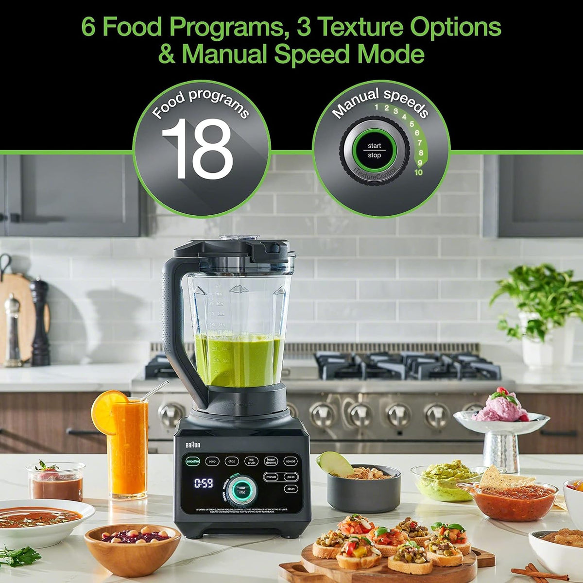 Braun blender on counter with clear jar of green smoothie and black control panel