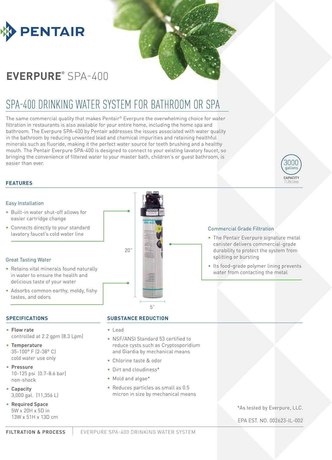 Everpure SPA-400 drinking water system infographic with capacity and features