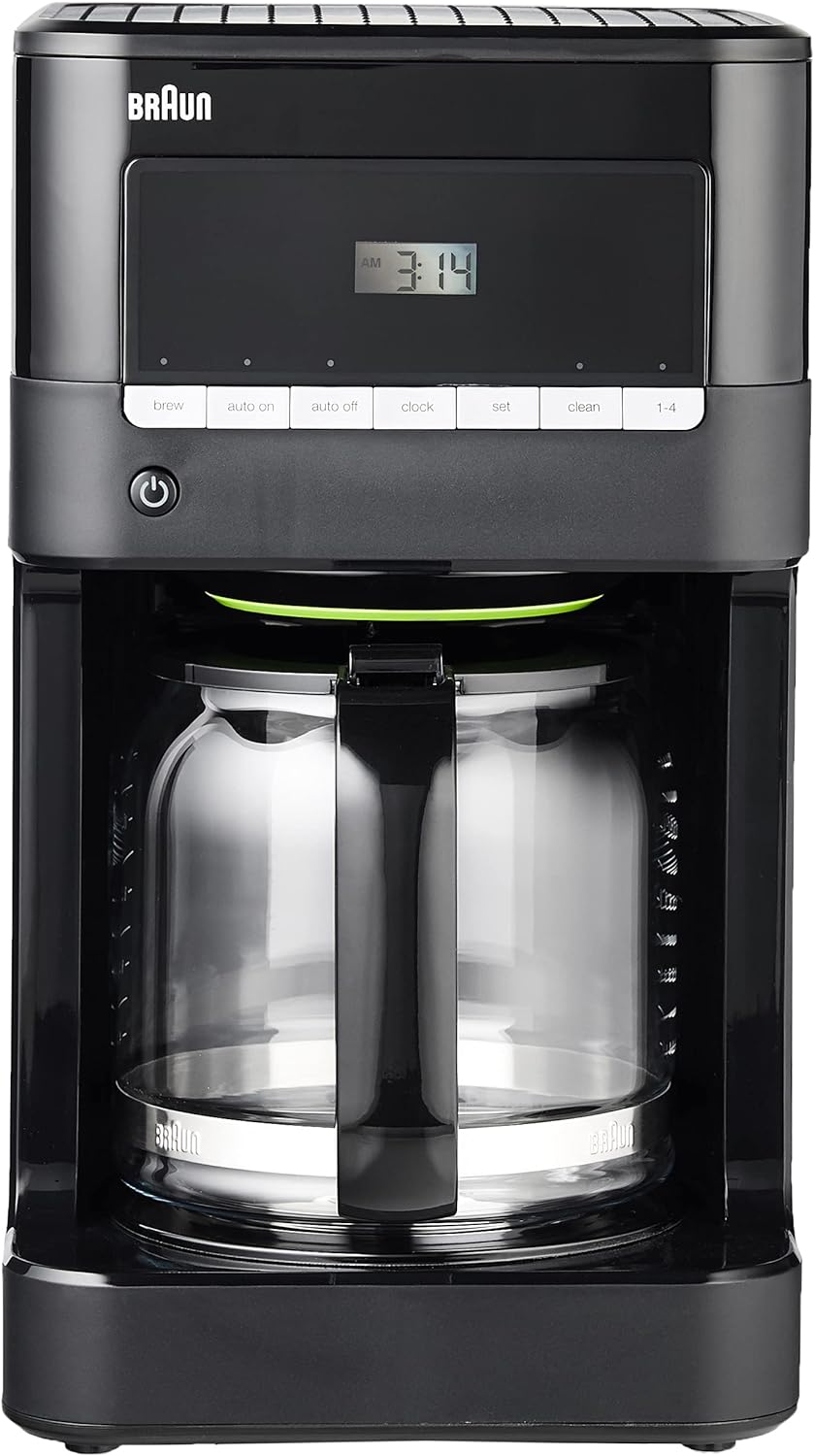 Black Braun 12-cup drip coffee maker front view with illuminated control display