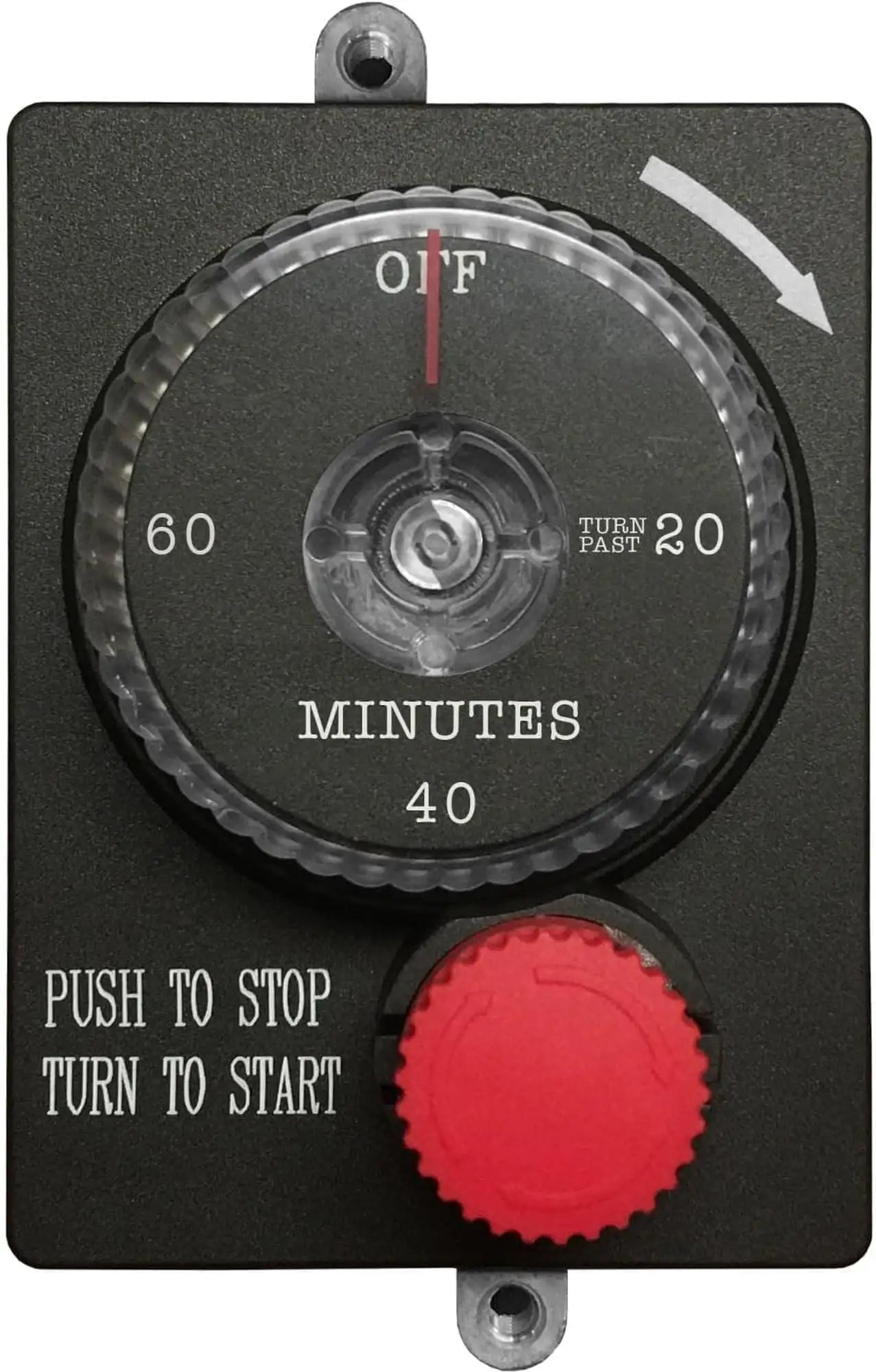 Mechanical countdown timer with minute dial, OFF/ON indicator, red emergency shut-off knob