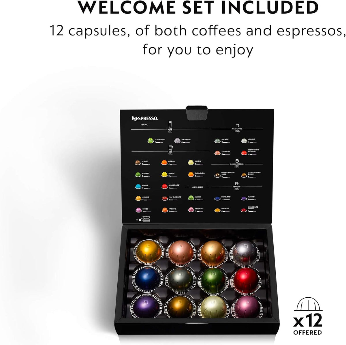 Nespresso Vertuo capsule welcome set box with 12 assorted capsules