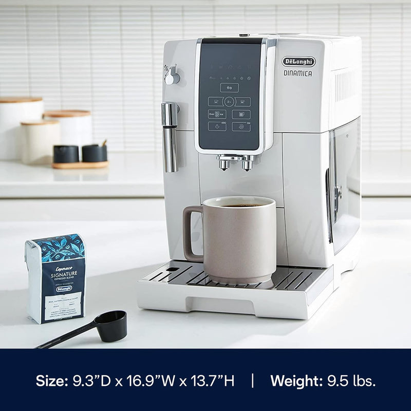 De'Longhi Dinamica Fully Automatic Coffee and Espresso Machine with Premium Manual Milk Frother in White (ECAM35020W)