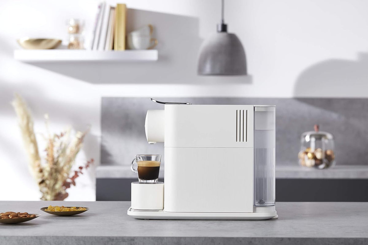 White coffee machine with pull-out cup stand and side water tank, bean beverage cup