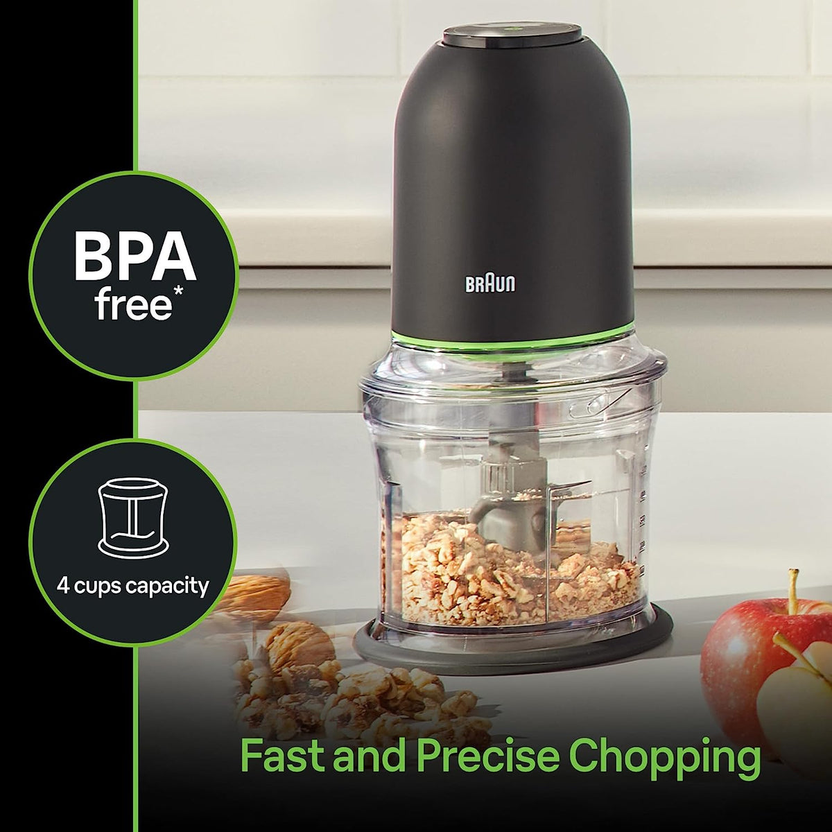 Black Braun mini food chopper with clear jar, stainless blade in center