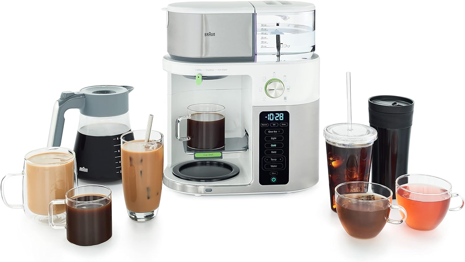 Stainless steel and white multi-serve coffee brewing system with glass carafe and cups