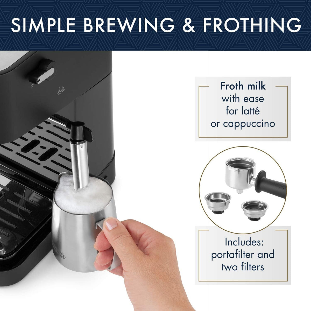 Hand holding frothing pitcher beneath steam wand; portafilter and filters shown