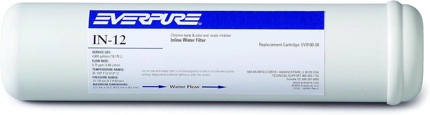 Everpure IN-12 in-line water filter cartridge, no fittings, white cylindrical housing