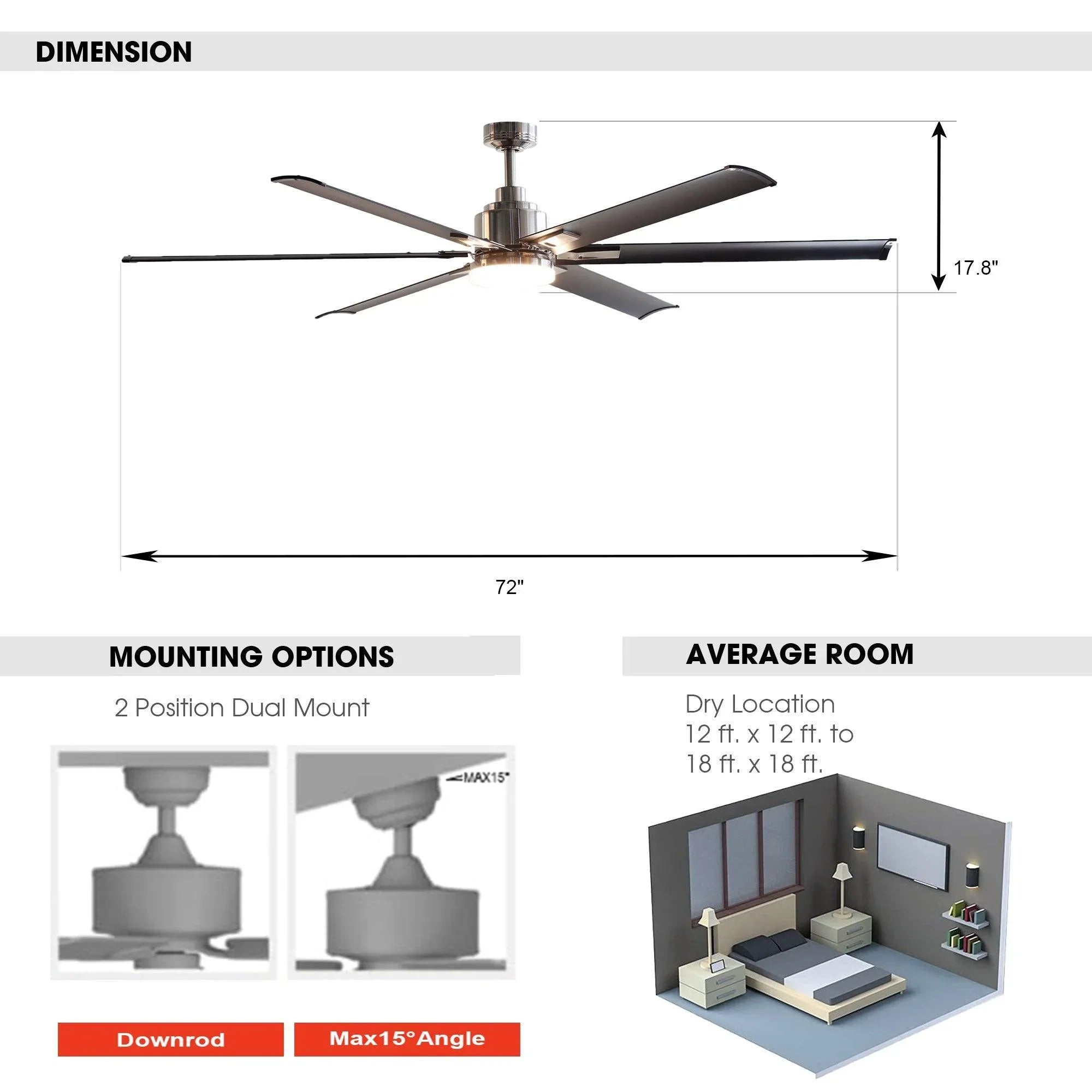 72-inch reversible ceiling fan, chrome finish, with lit light kit