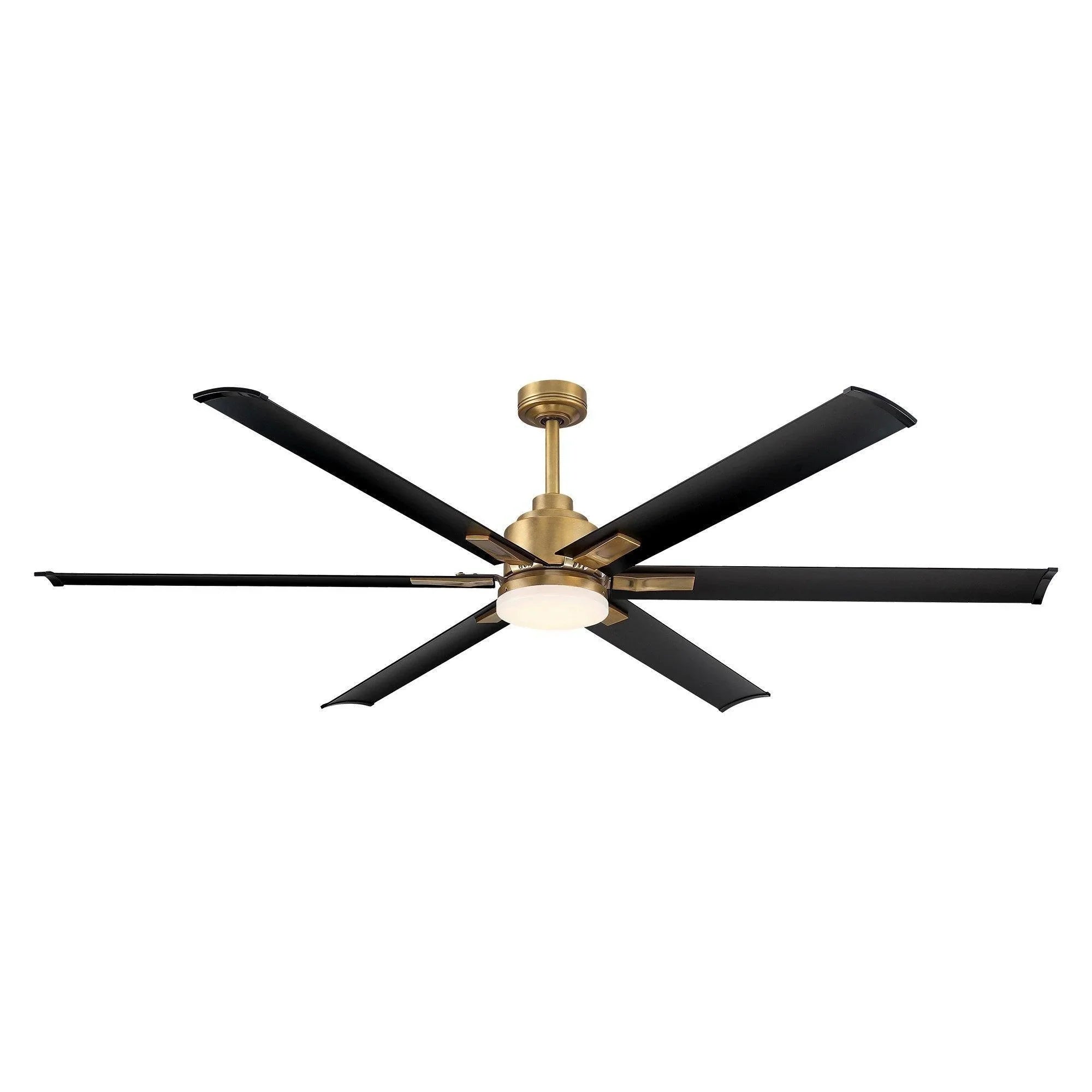 Ceiling fan with six black blades, brushed brass downrod, and round light globe