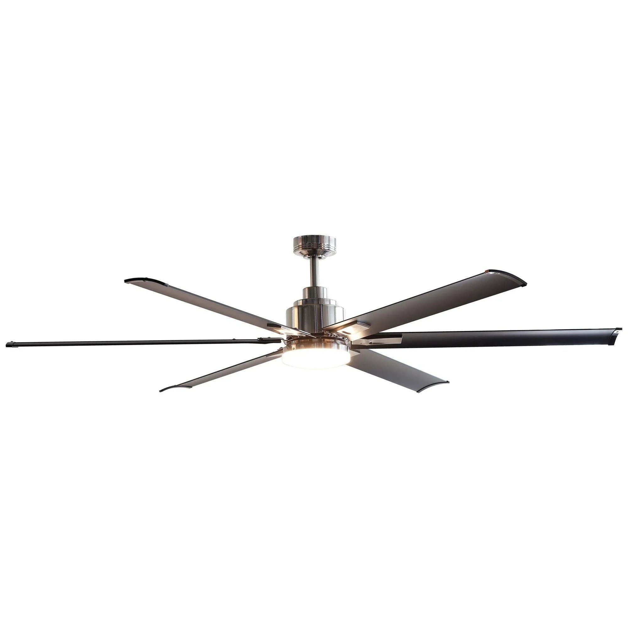 Ceiling fan with six dark blades, metal motor housing, and round light globe