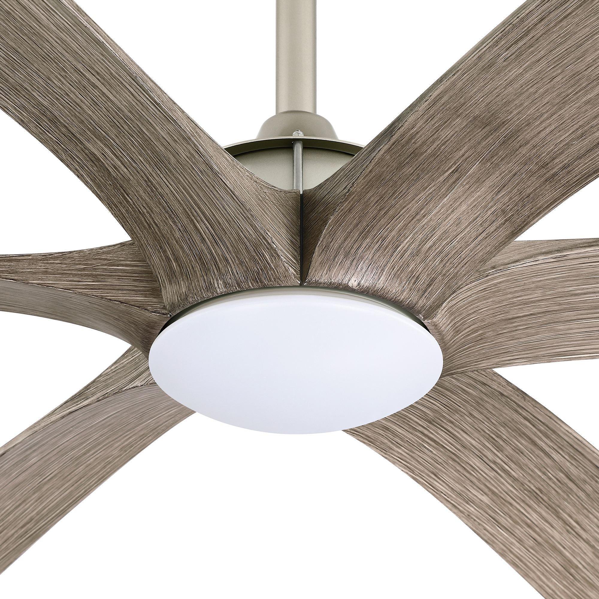 Satin nickel ceiling fan with integrated white light and wood-grain blade finish