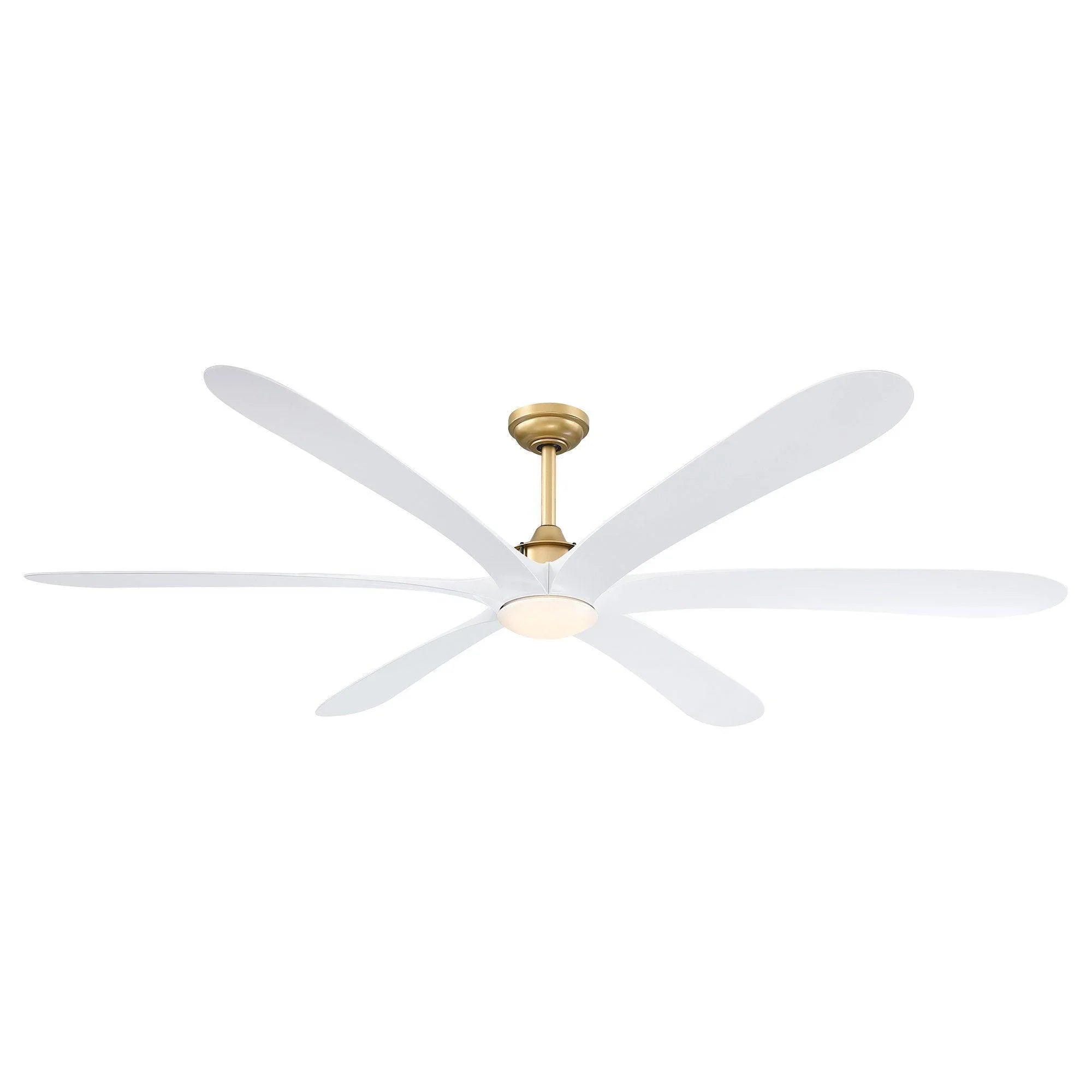 White ceiling fan with gold mount and integrated light, five reversible blades