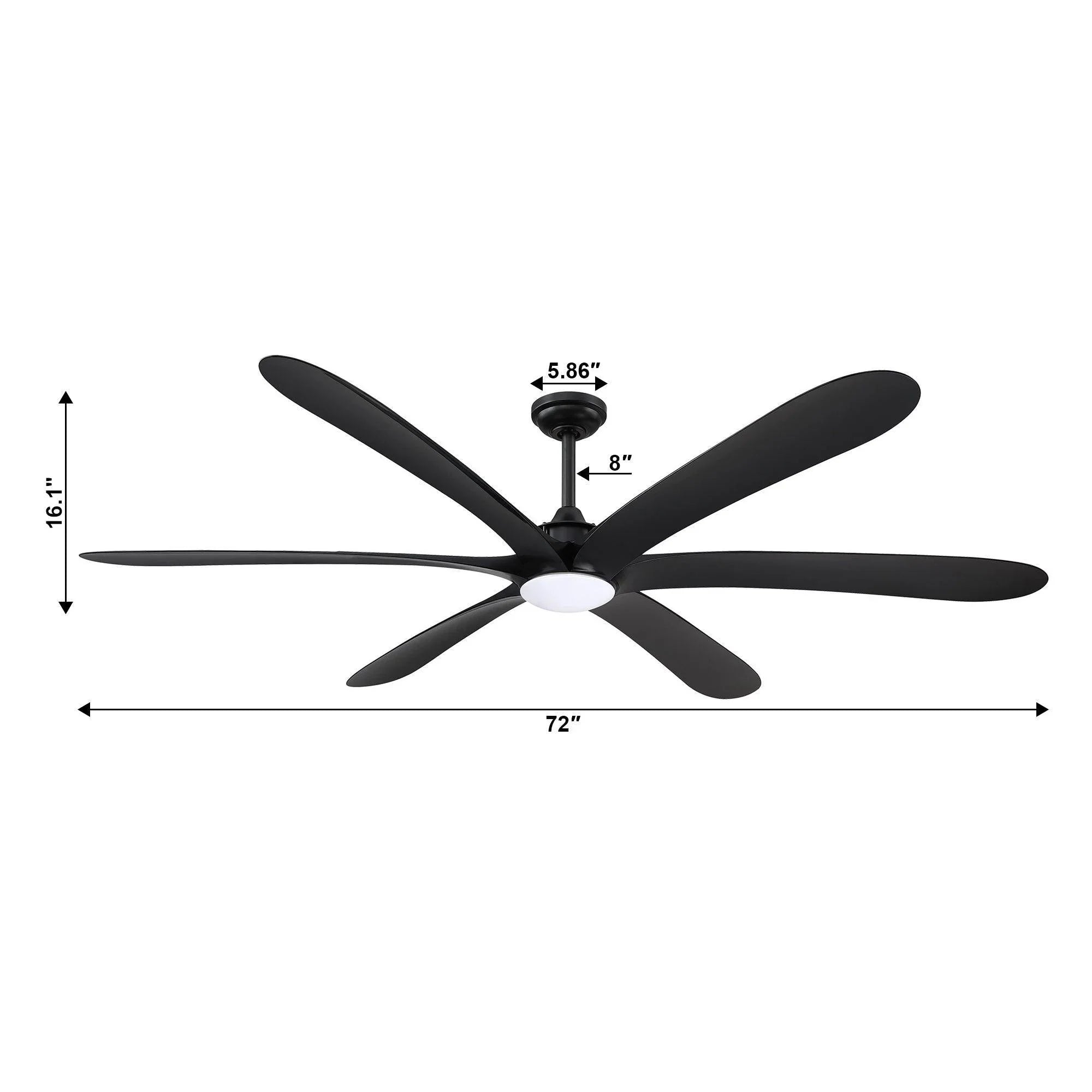 72-inch ceiling fan with integrated light, showing blade span and downrod height