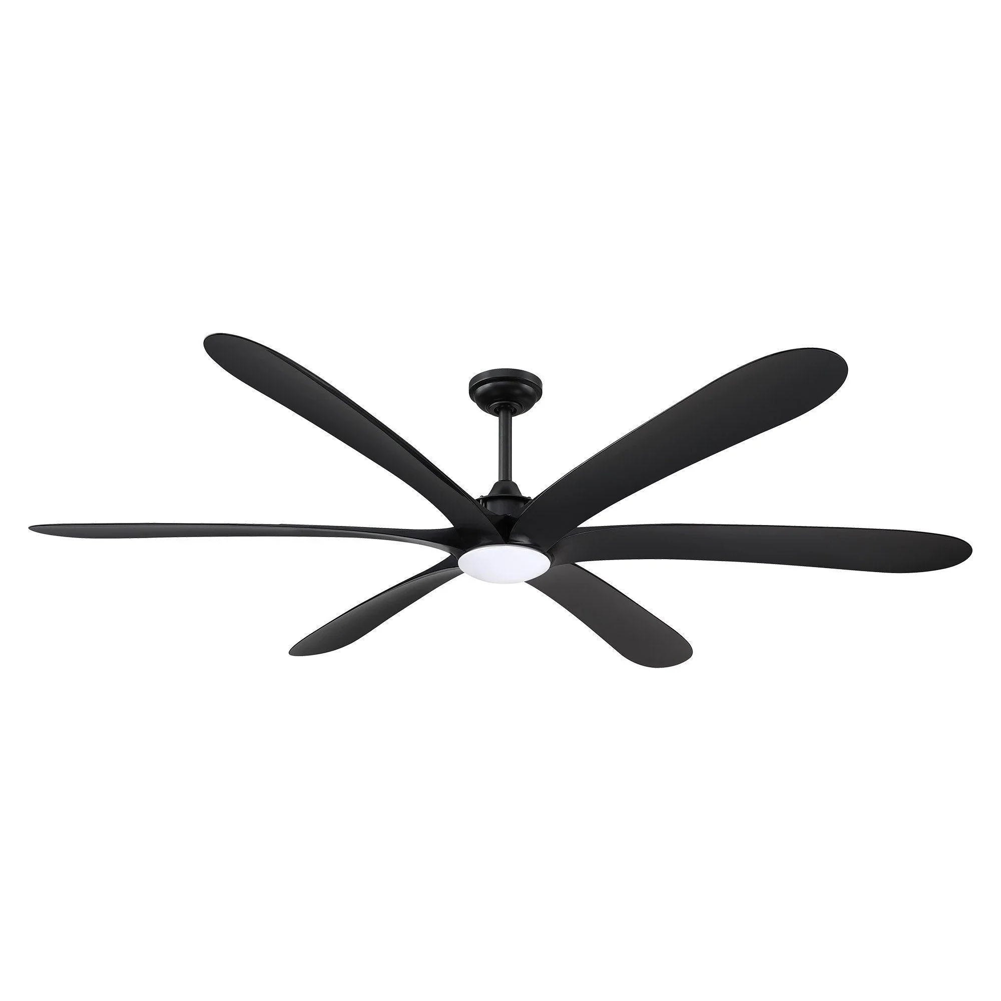 Black 72-inch farmhouse ceiling fan with integrated light and five sleek blades