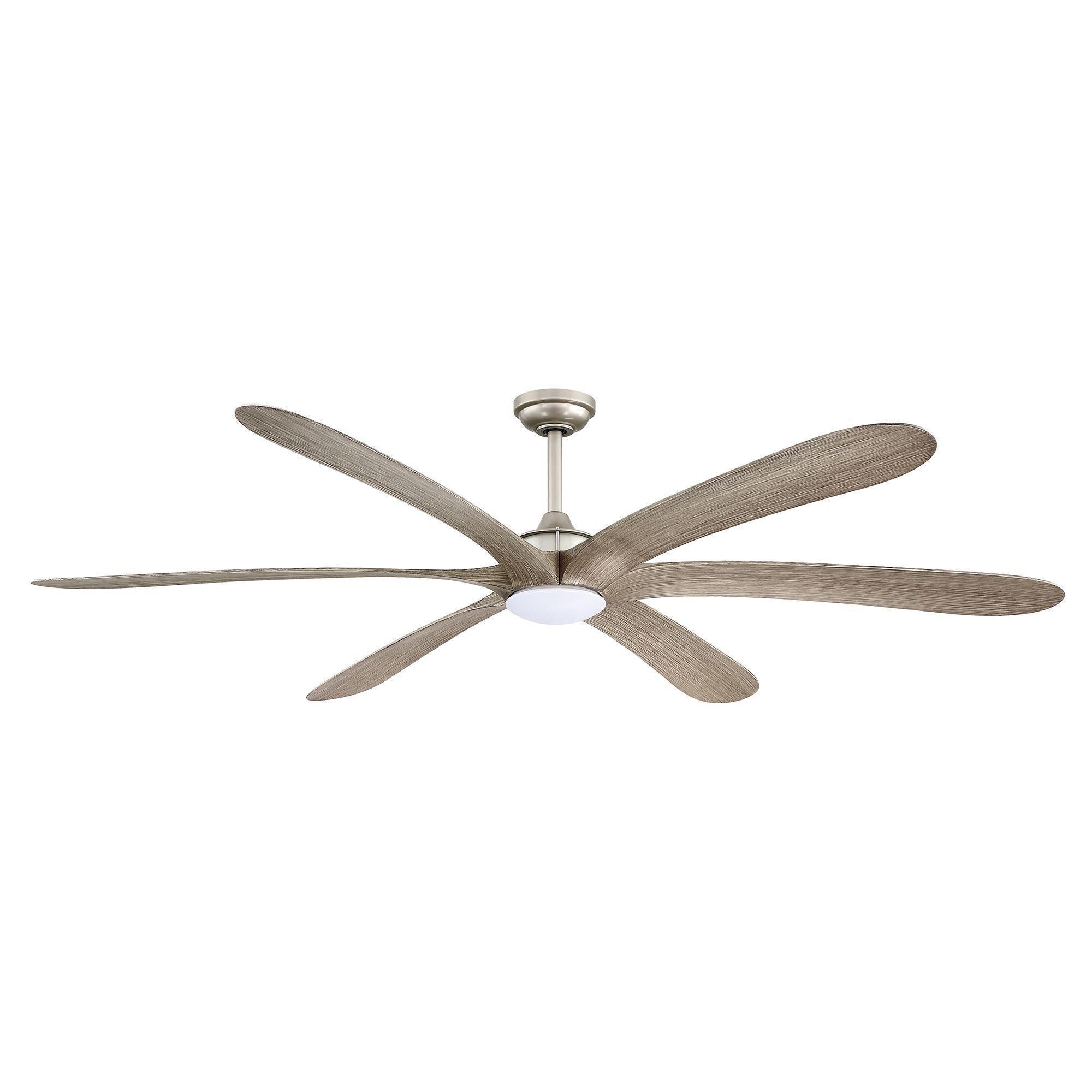 Ceiling fan with light wood blades, frosted light kit, and satin nickel downrod mount