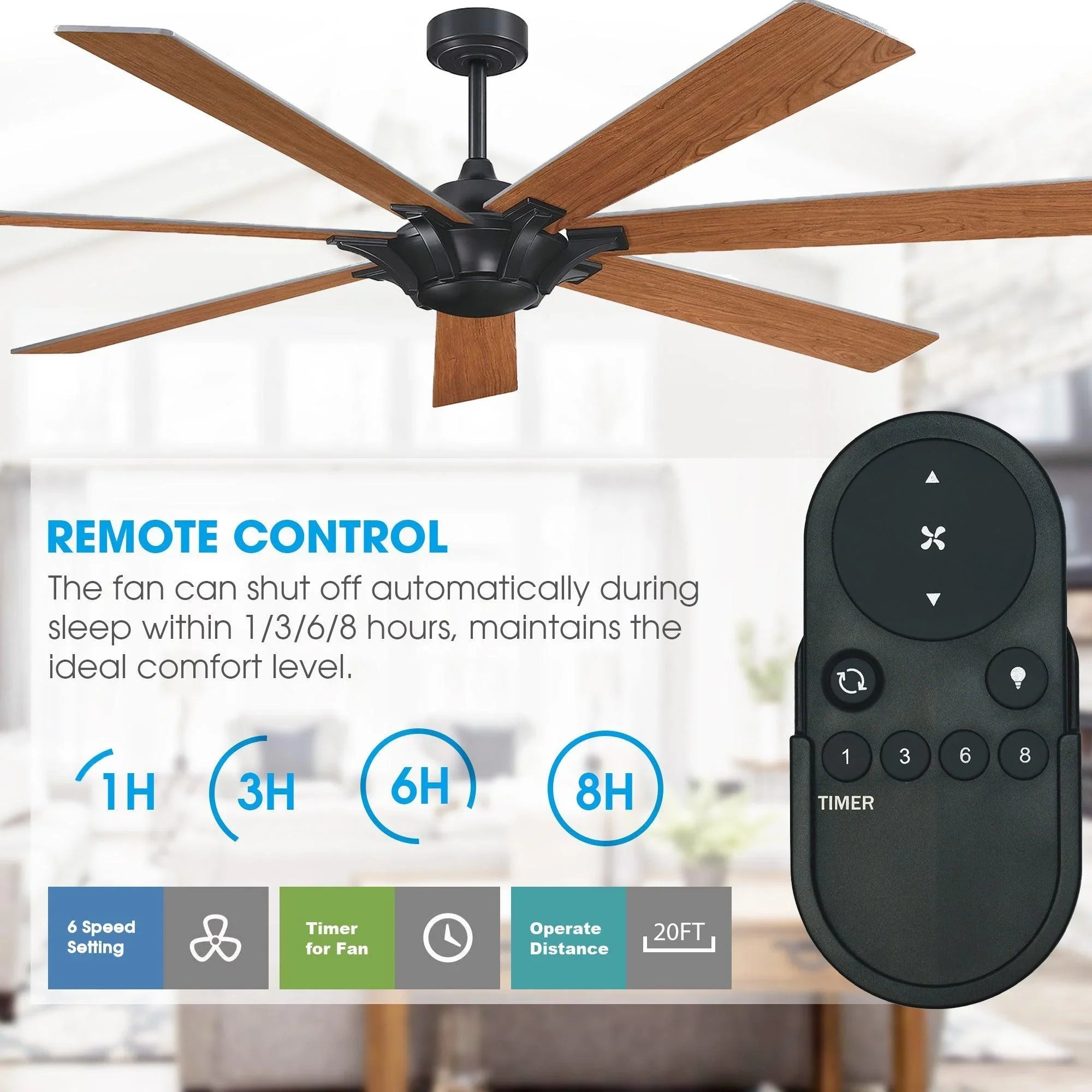 Ceiling fan with black remote control and golden wood-finish reversible blades