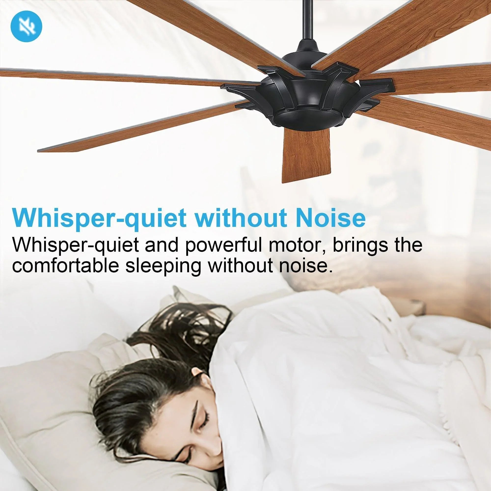 Black ceiling fan with five wood blades and central motor housing