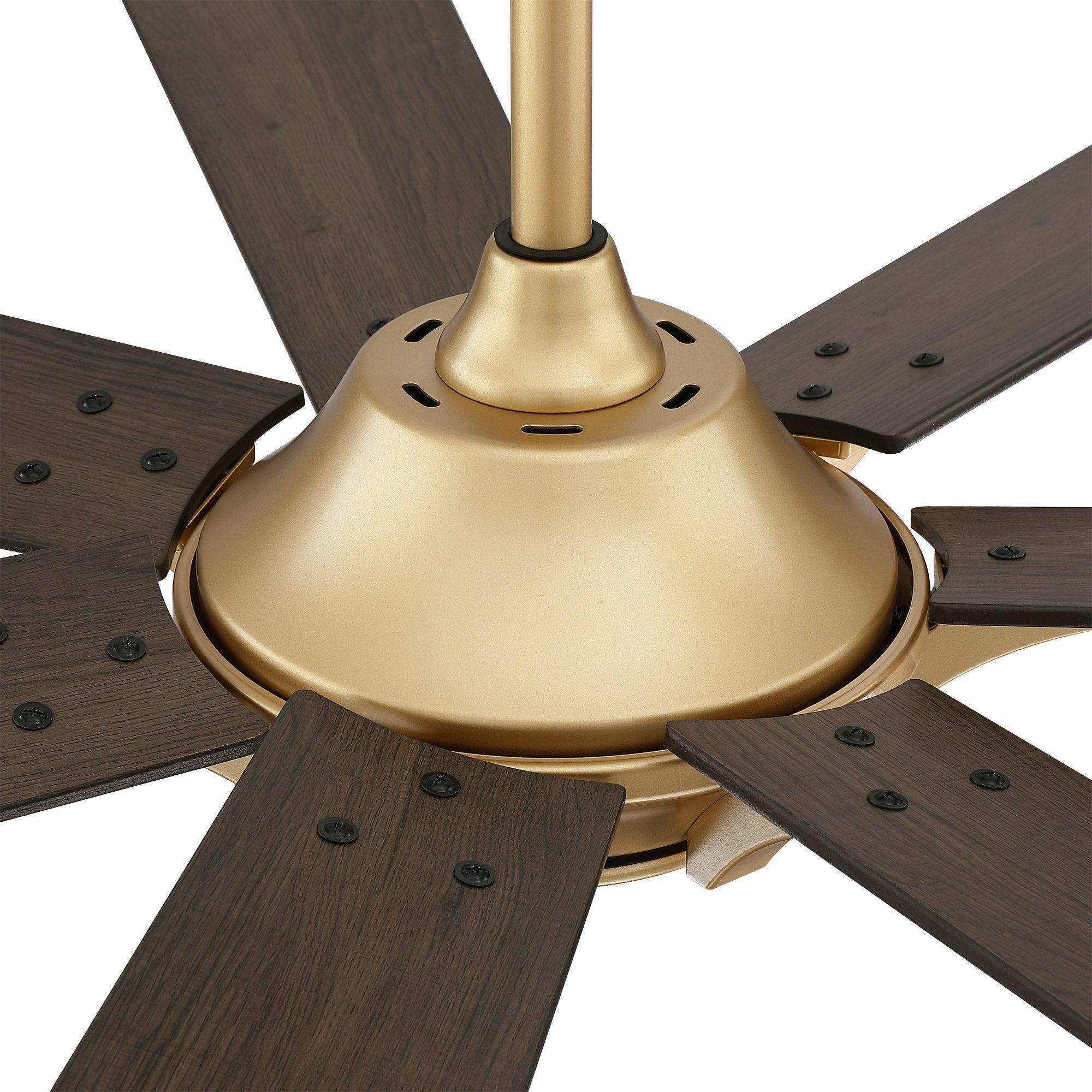Farmhouse ceiling fan with brushed gold motor and dark wood five-blade design
