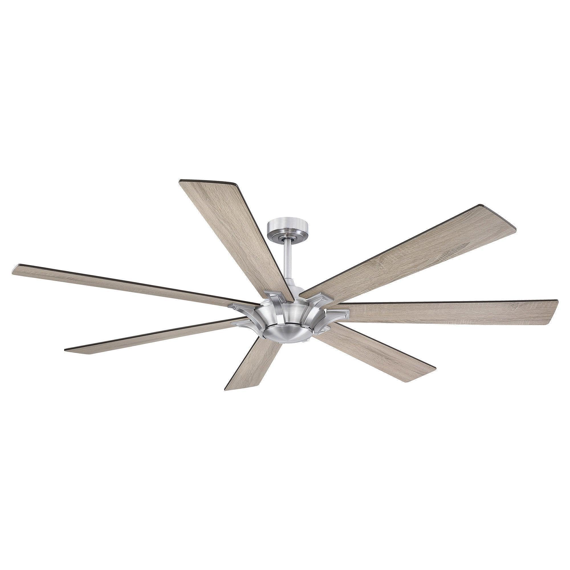 Farmhouse ceiling fan with brushed nickel motor and pale wood five-blade design