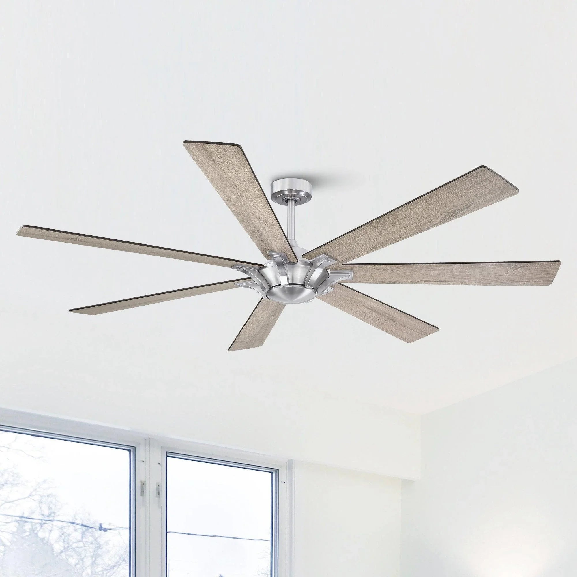 Farmhouse ceiling fan with brushed nickel motor and light wood five-blade design