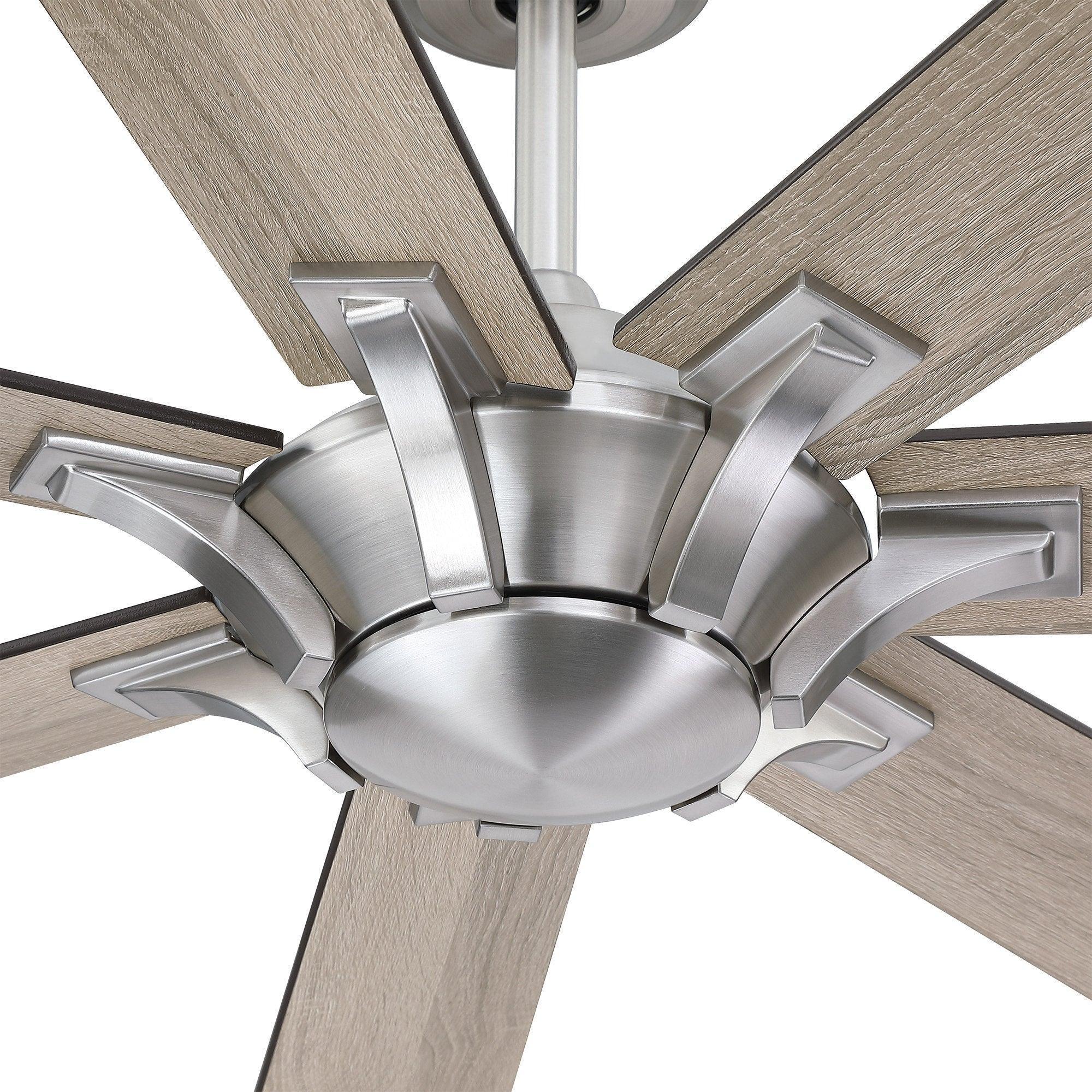 Brushed nickel ceiling fan motor housing with light wood five blades