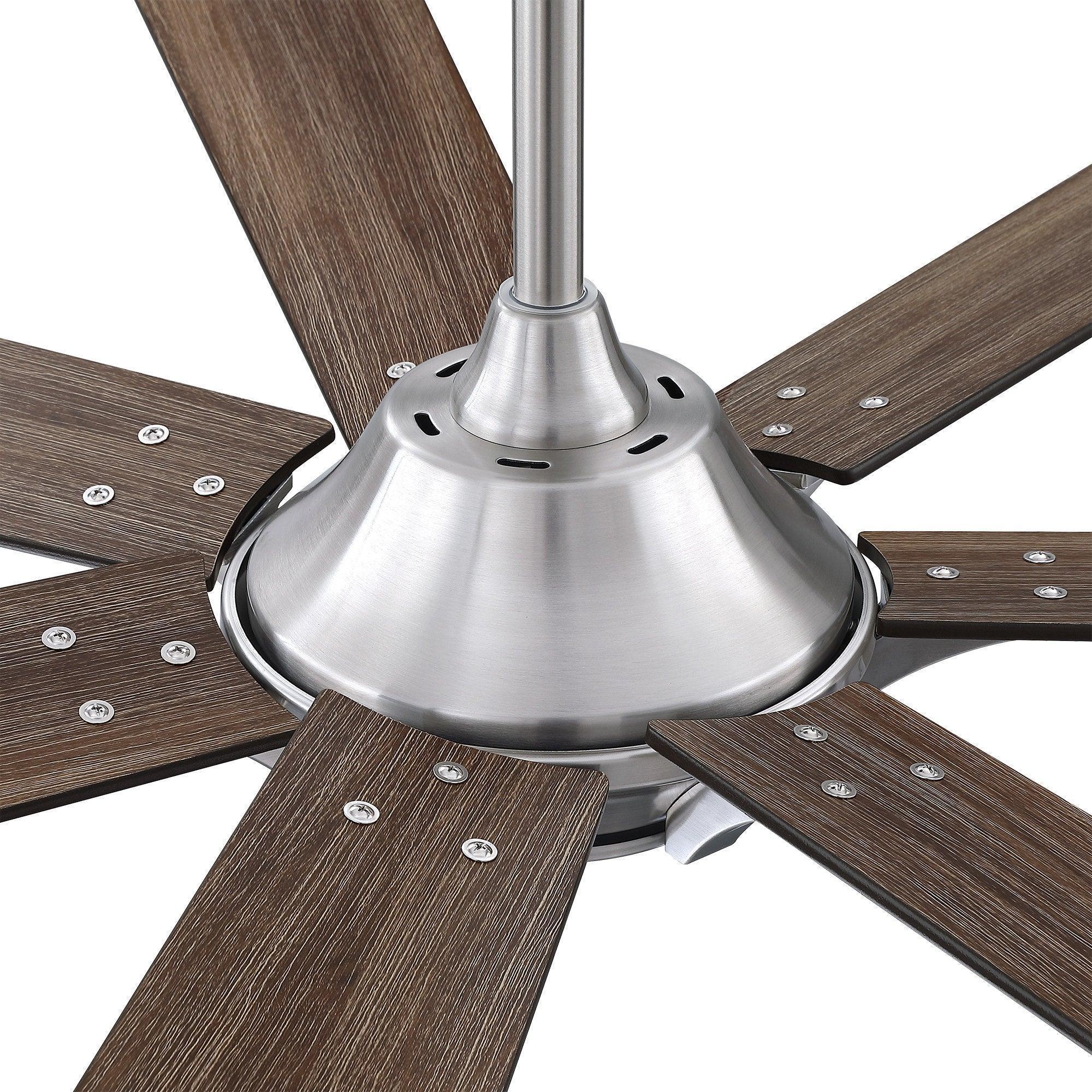 Brushed nickel ceiling fan motor housing with brown wood five blades