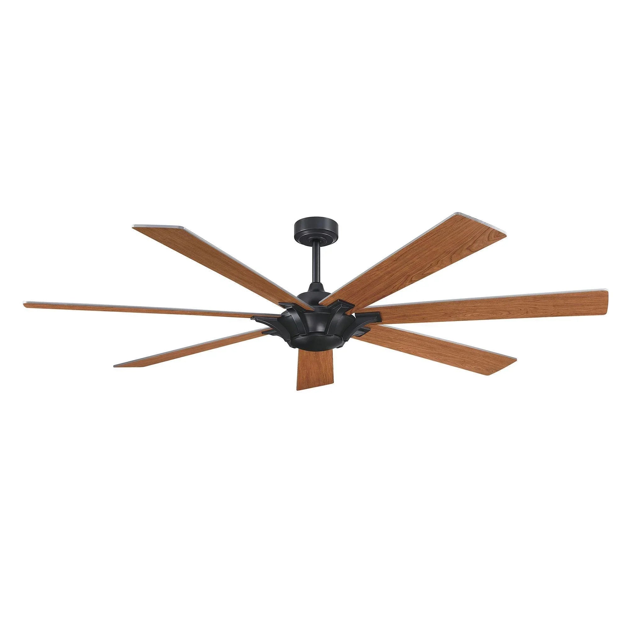 Golden wood-finish reversible ceiling fan with black motor and five blades