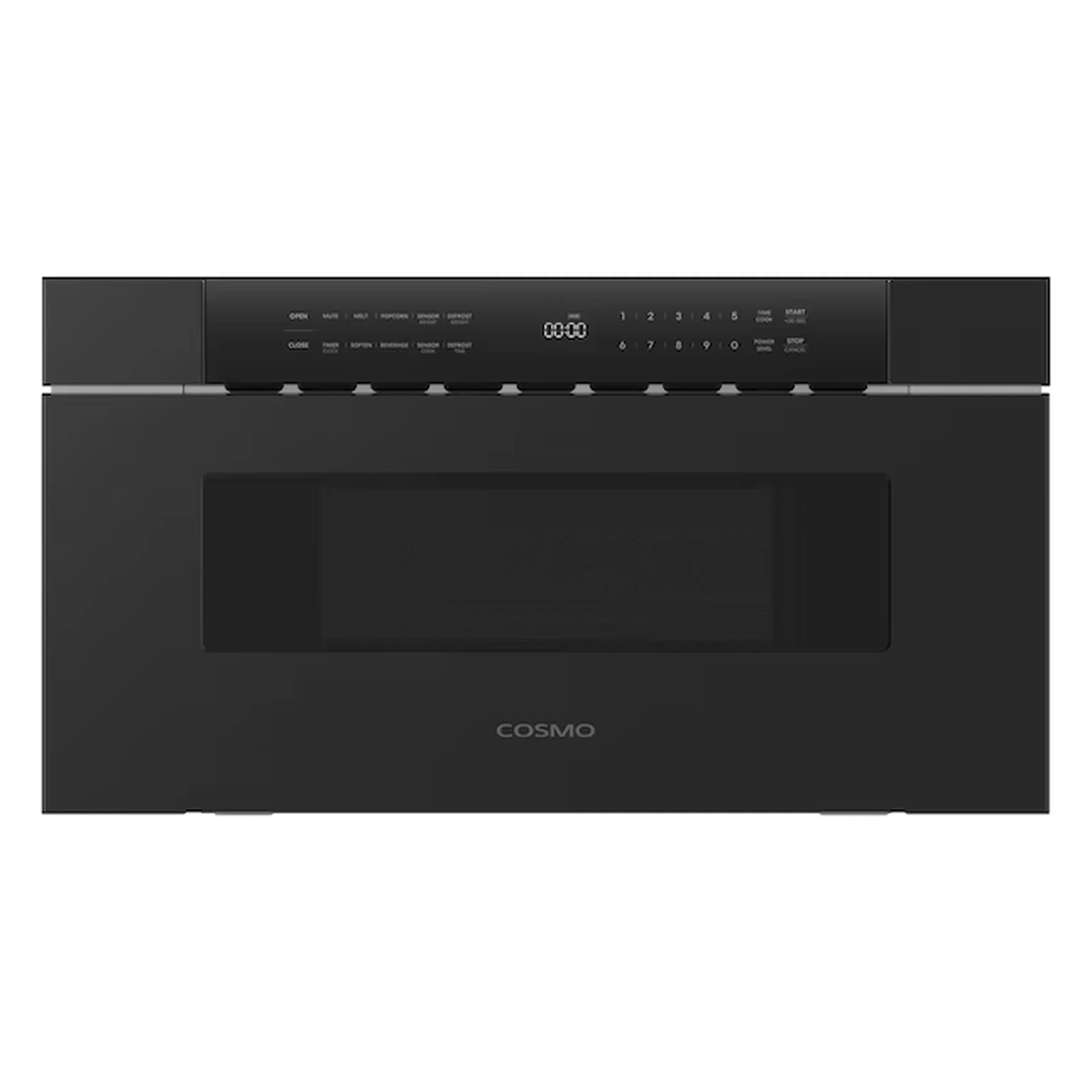 Matte black built-in microwave drawer with control panel and recessed display