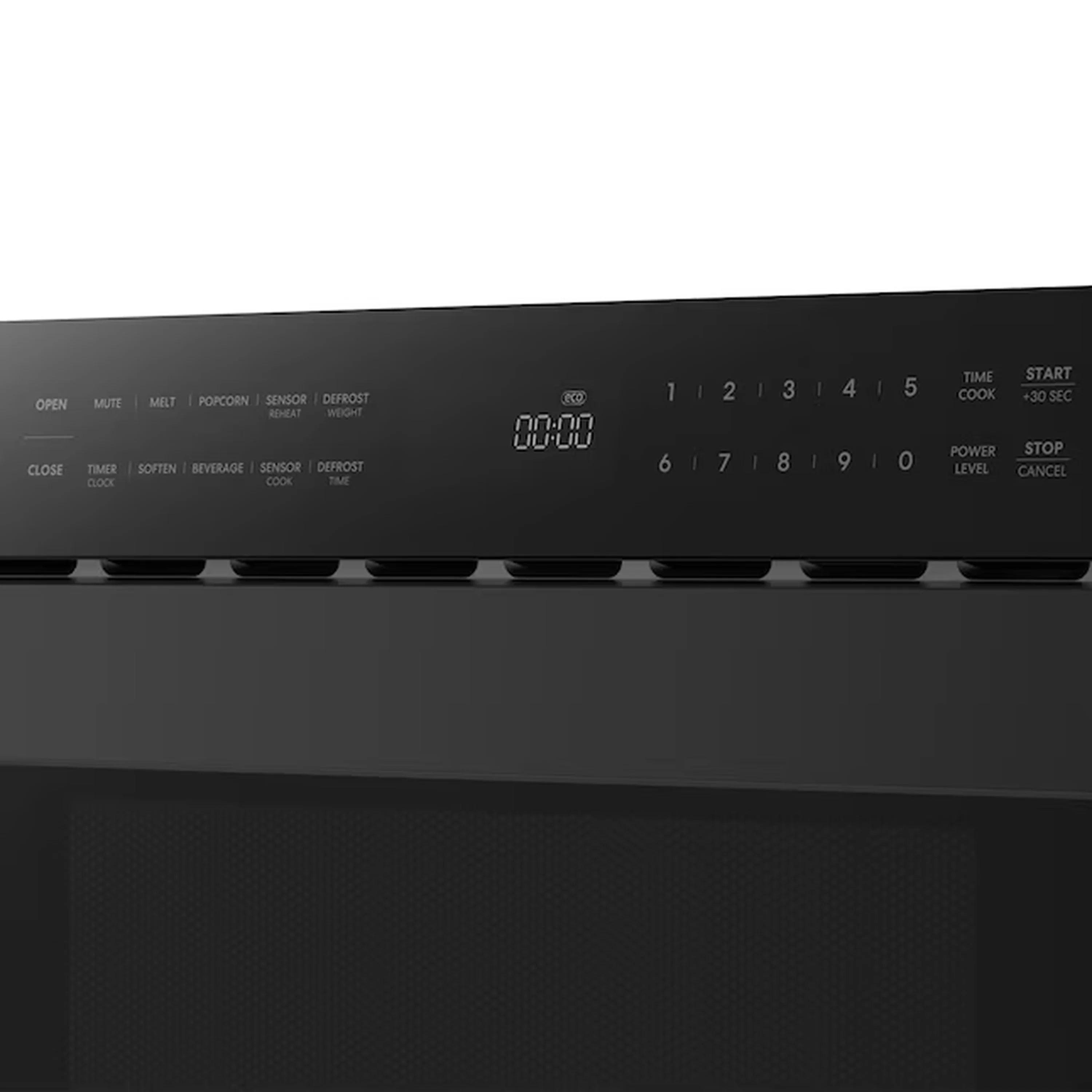 Matte black microwave drawer control panel with digital display and button row