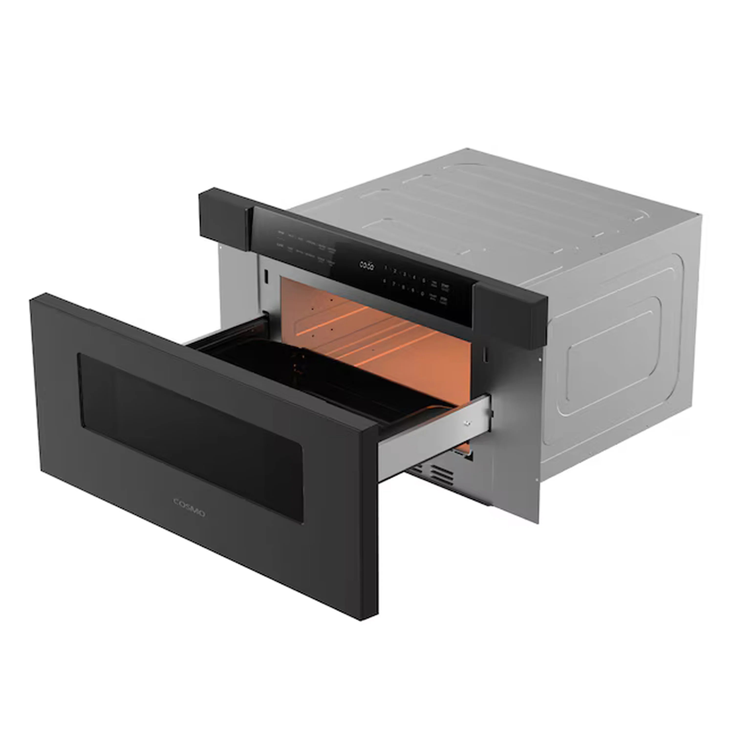 Matte black microwave drawer with open door showing cooking cavity and rack