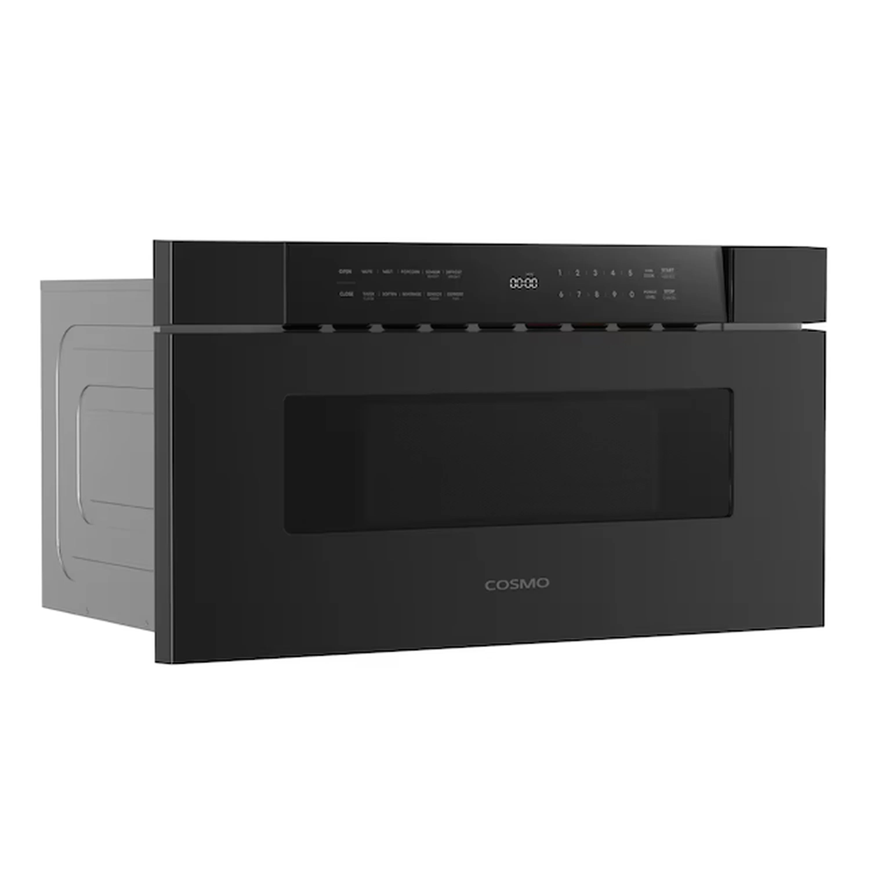 Matte black microwave drawer with open door and built-in trim