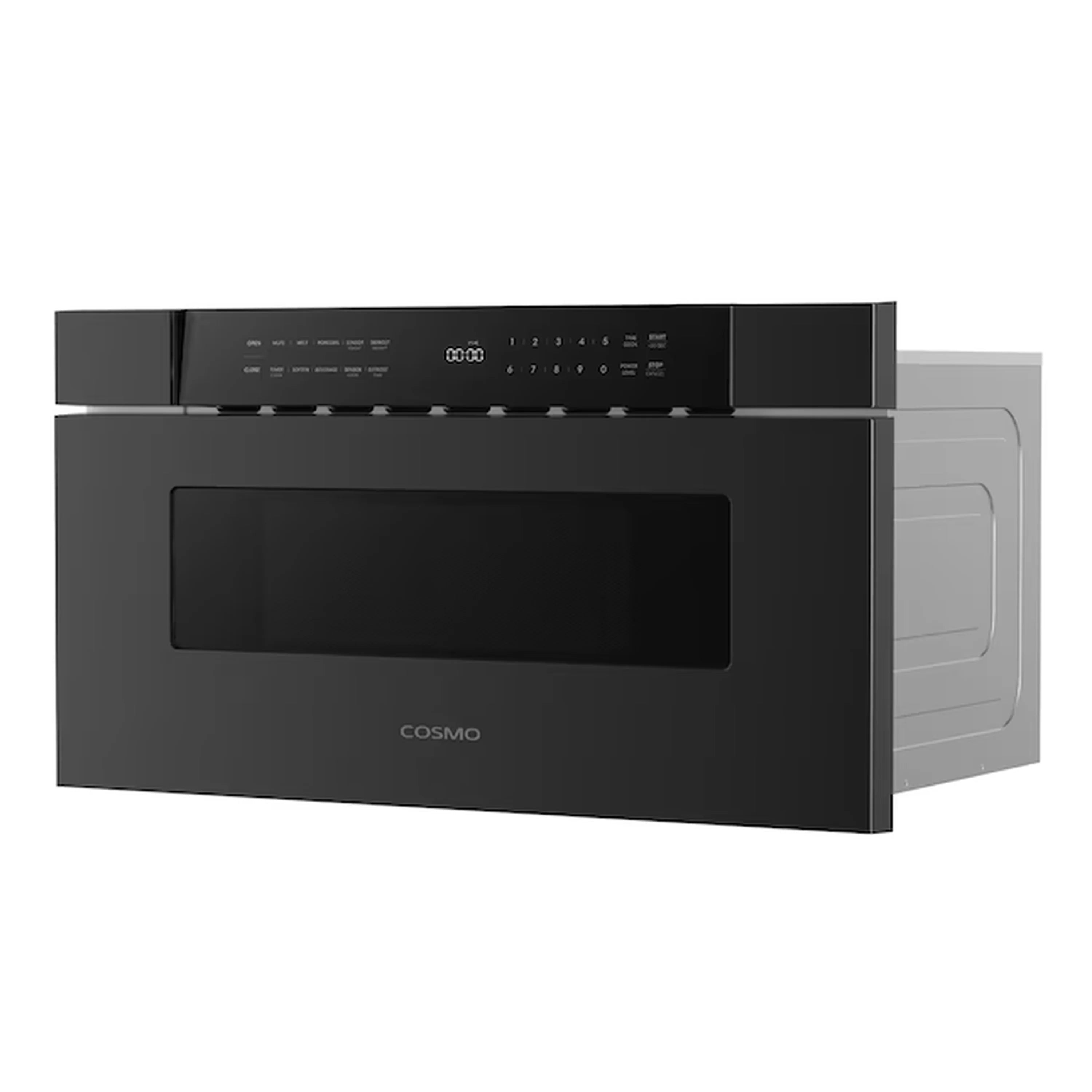 Matte black built-in microwave drawer front with open door and side panel