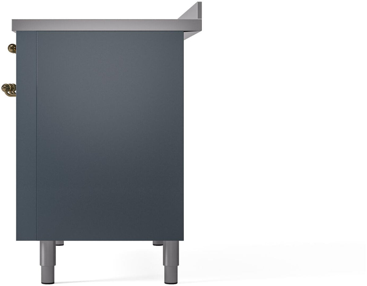 Blue-grey side panel of a freestanding induction range with adjustable legs