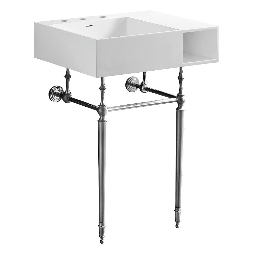 Matte white console sink with 3-hole deck and polished chrome brass legs