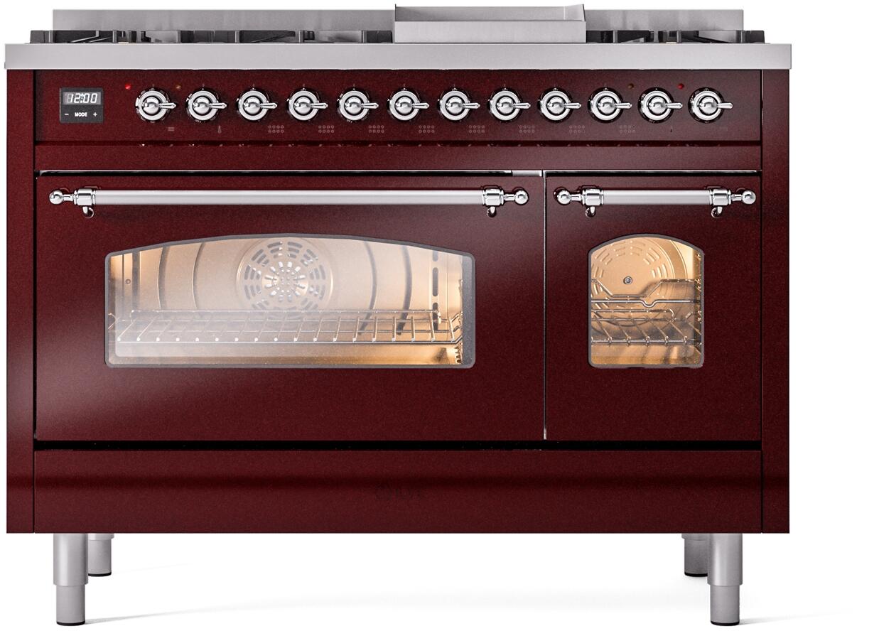 Burgundy range front with multi-knob control row and oven window showing lit heating chamber