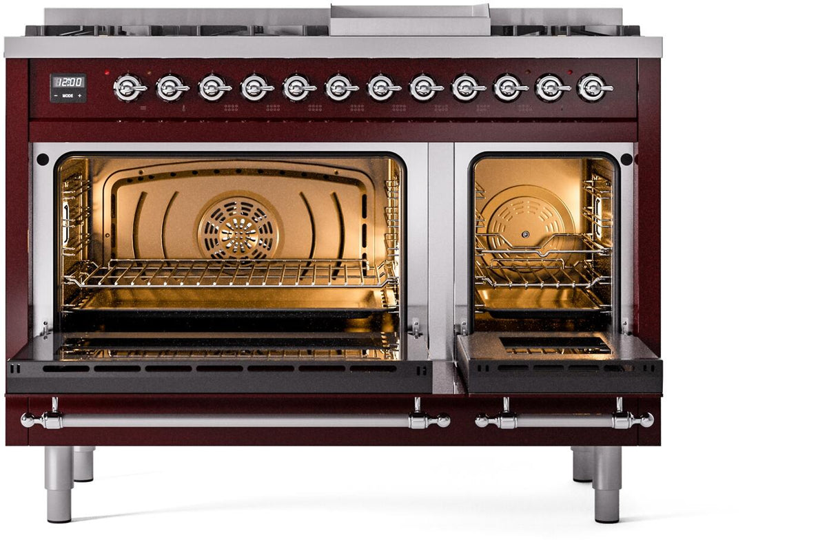 Burgundy dual fuel range with both ovens open showing racks and warm interior