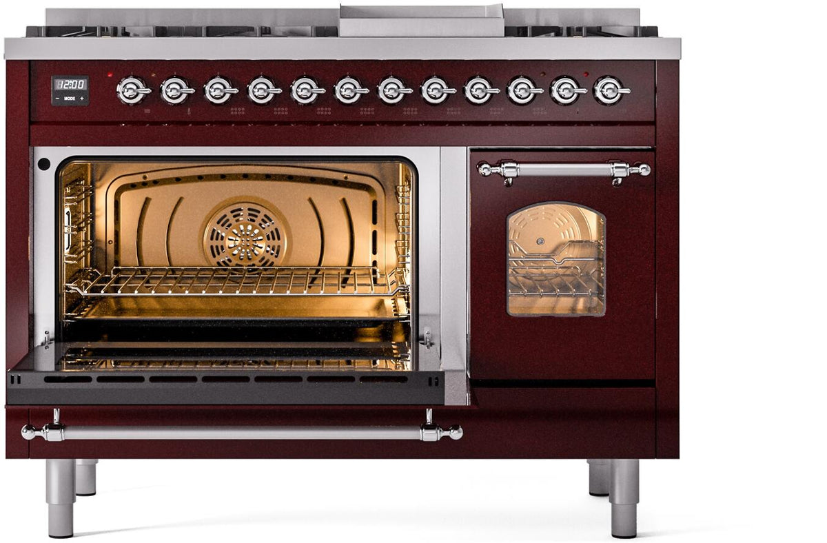 Burgundy freestanding range with open oven showing lit racks and brass-toned interior panel