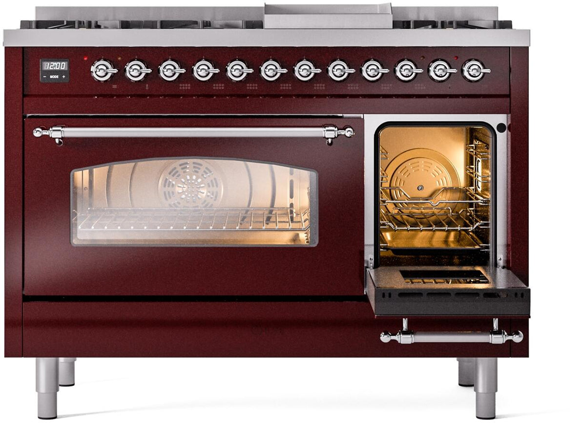Burgundy range front with oven window lit on left and open right compartment with racks