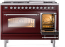 ILVE Nostalgie II 48-Inch Dual Fuel Freestanding Range in Burgundy with Chrome Trim (UP48FNMPBUCLP)