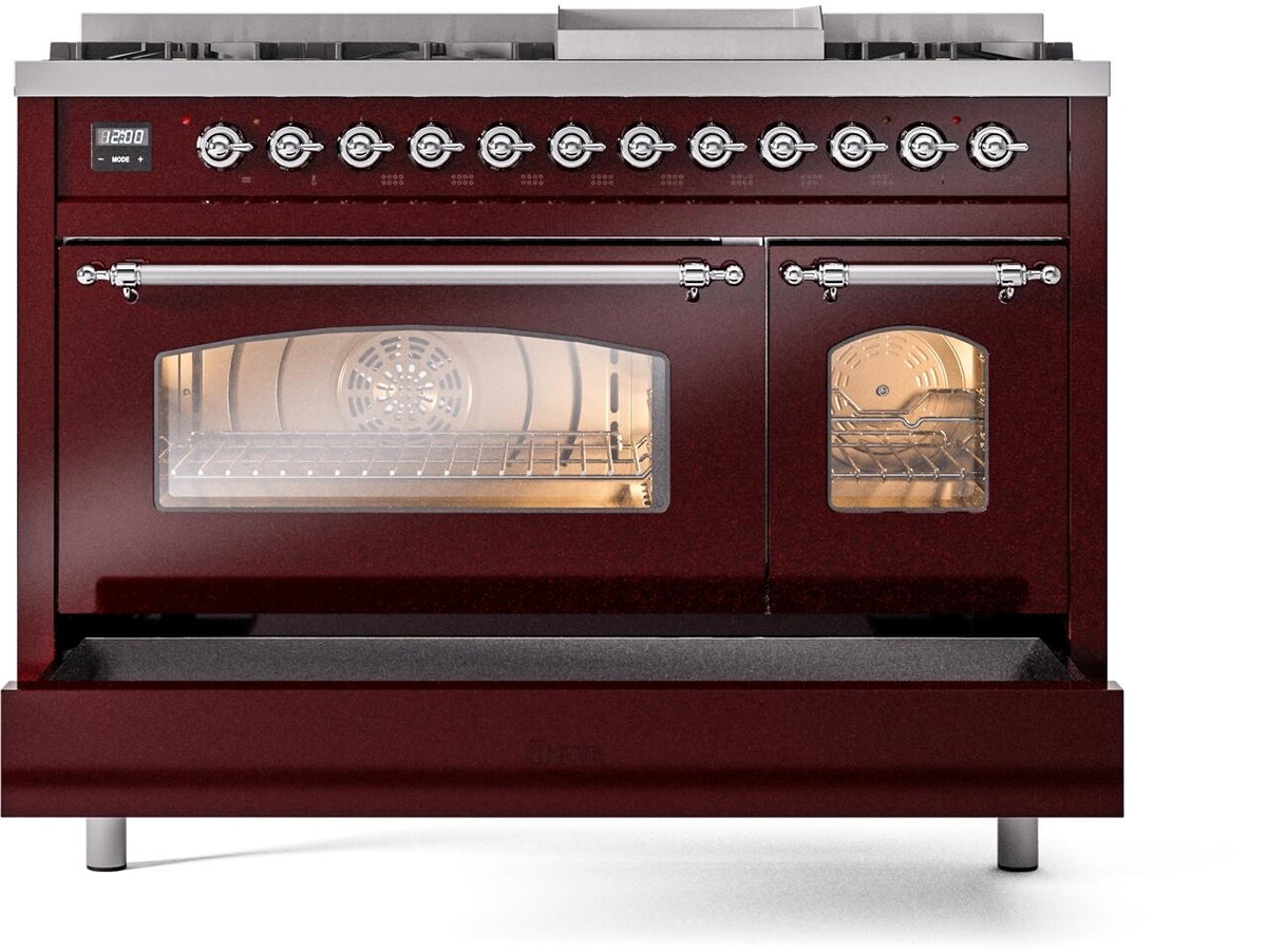Burgundy freestanding dual fuel range with cooktop controls and lower oven open