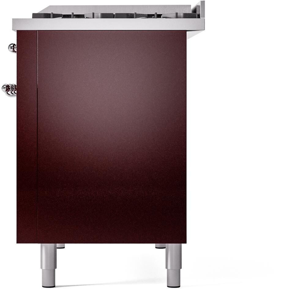 Burgundy freestanding dual fuel range front view with chrome-trim backsplash