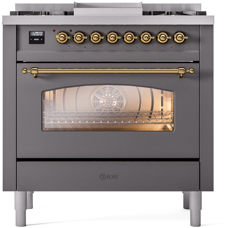 Freestanding dual fuel range with oven door window, brass handle and control knobs