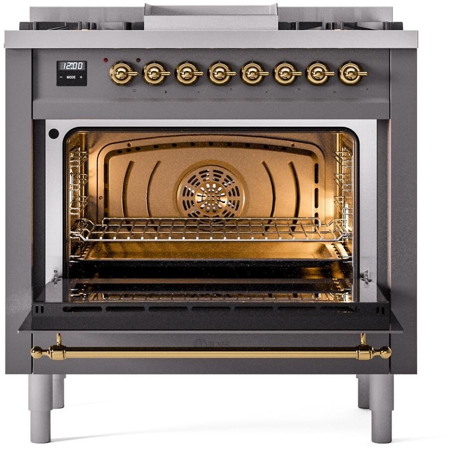 Open oven door with interior rack and fan, matte graphite range with brass hardware