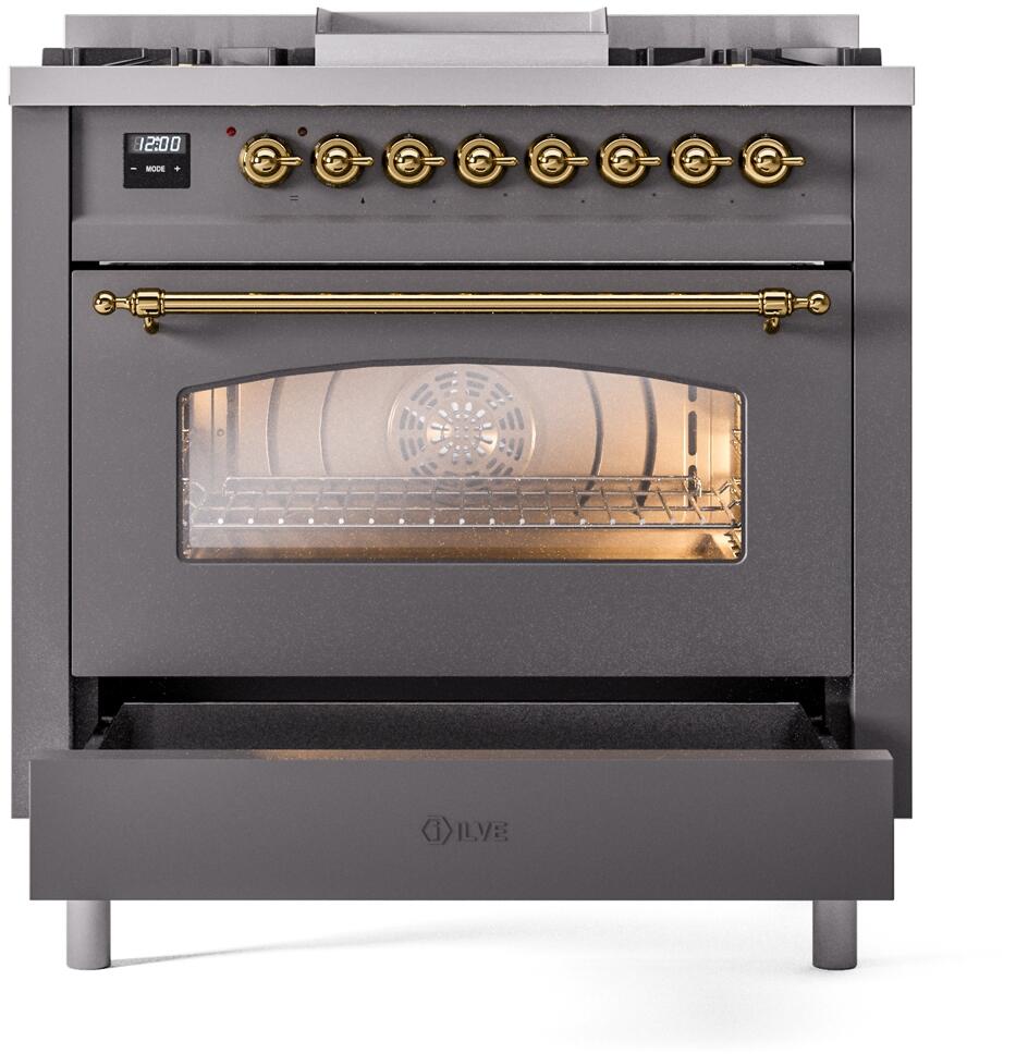 Dual fuel range with oven door and brass handle, matte graphite finish