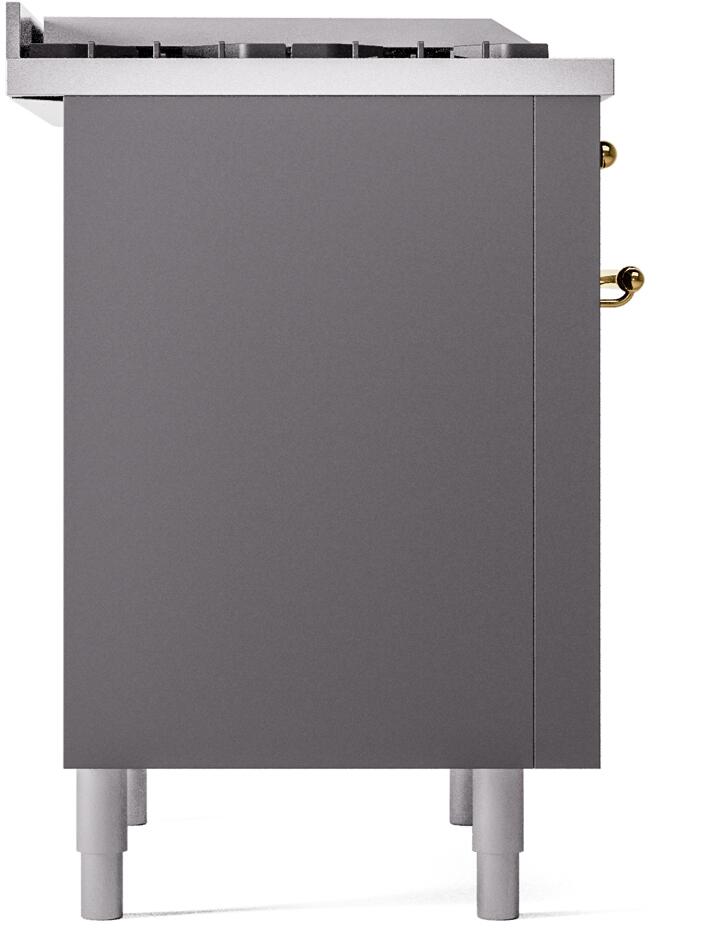 Side view of matte graphite freestanding dual fuel range with legs
