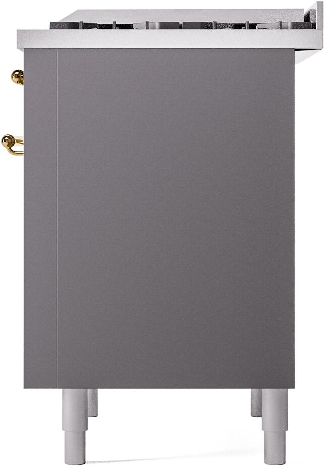 Matte graphite freestanding range cabinet side panel with brass fittings and four leveling legs