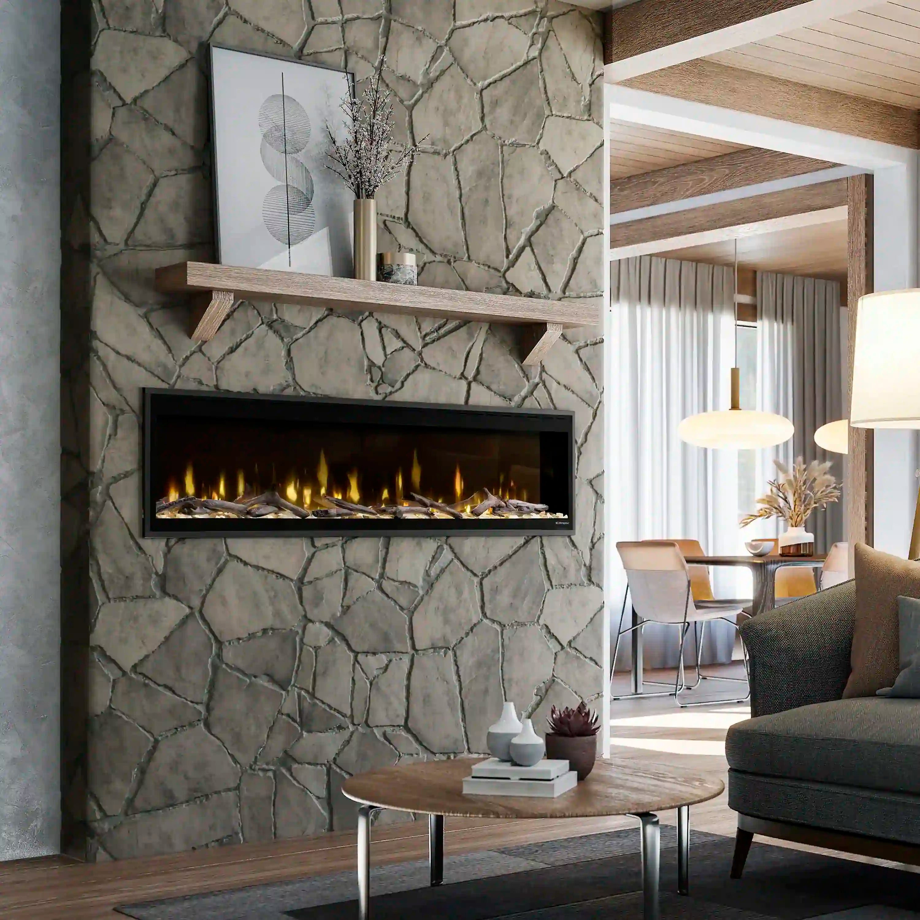 Built-in linear electric fireplace with glowing flames set into stone wall surround