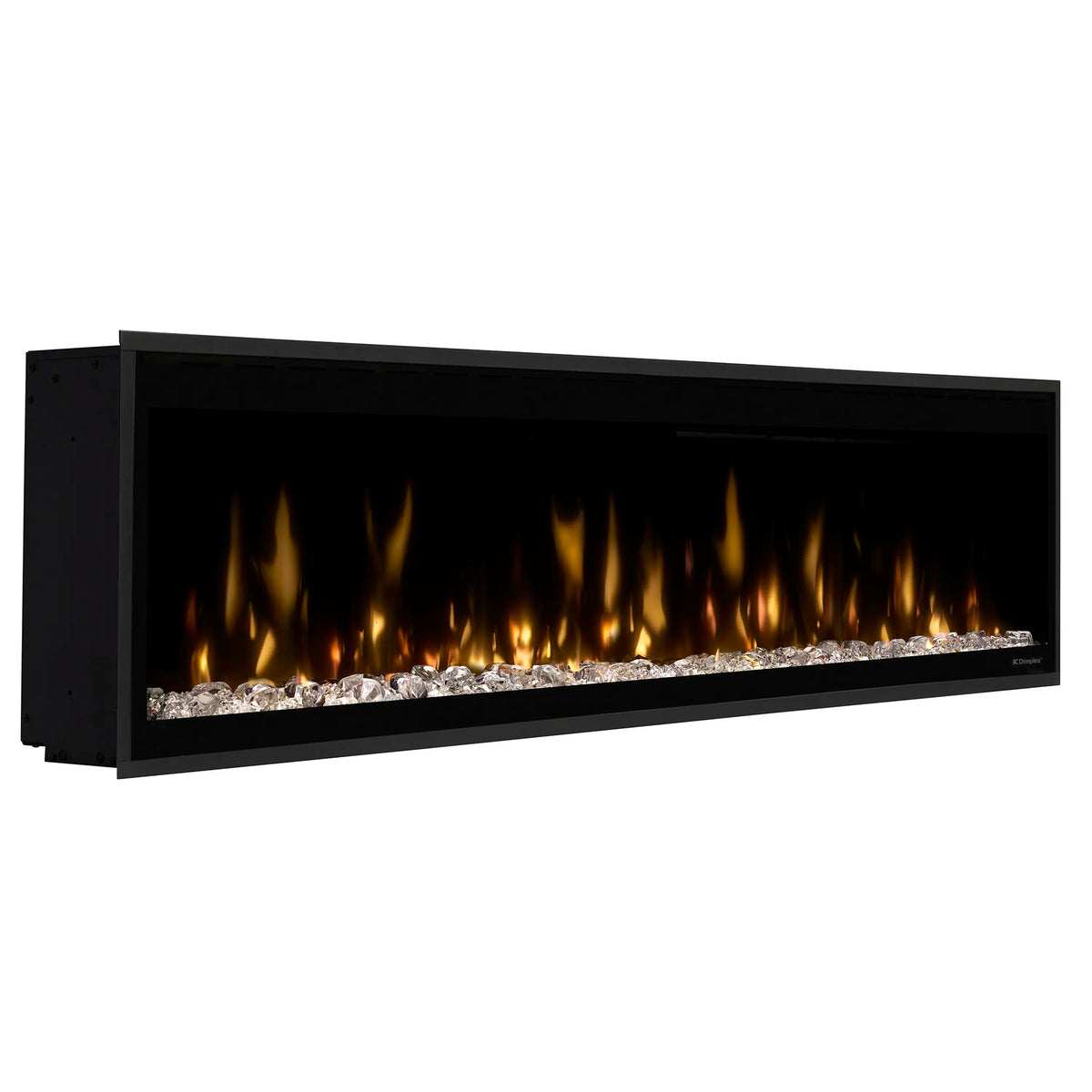 Built-in linear electric fireplace with black frame and flame-effect insert