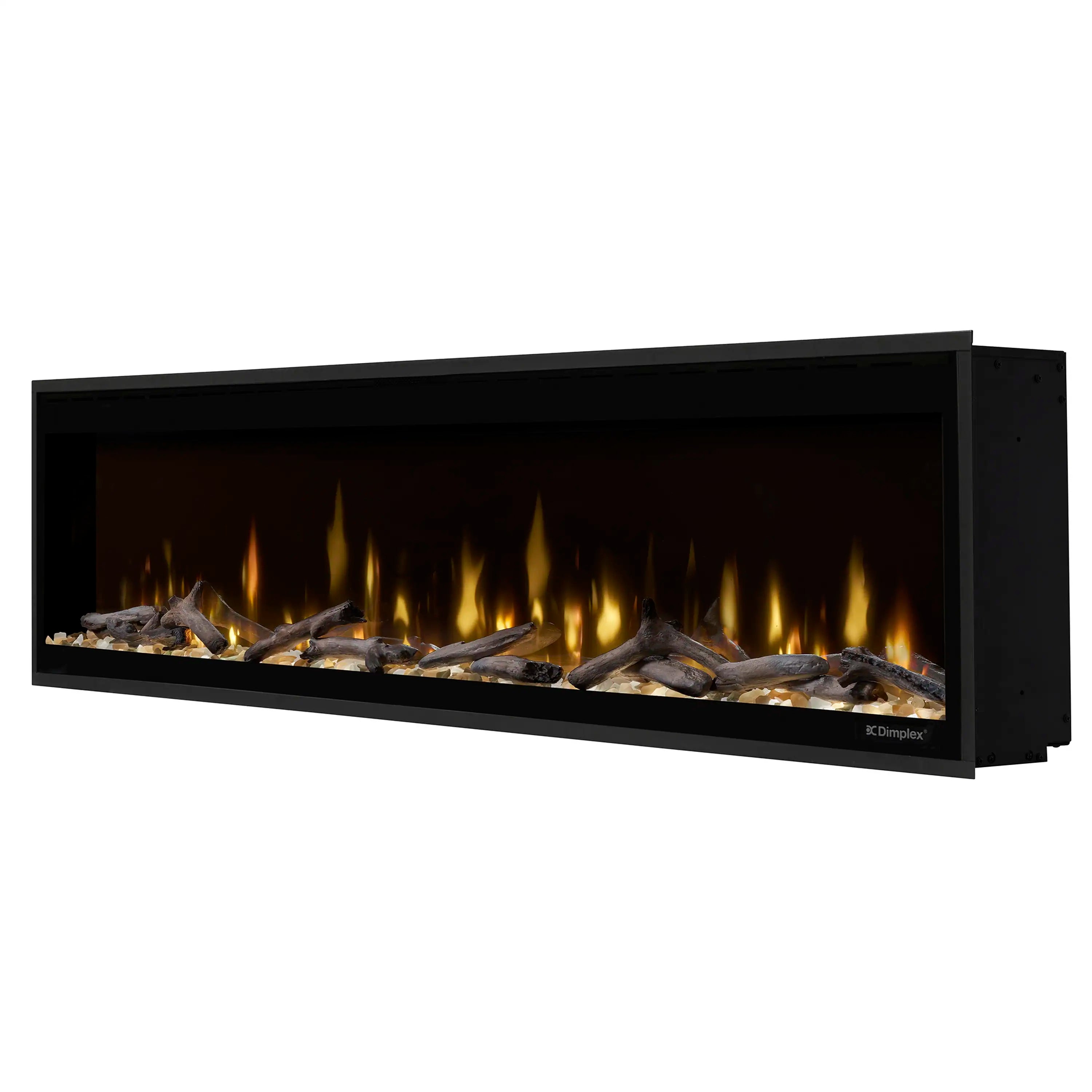 Built-in linear electric fireplace angled view with black surround and glowing flames