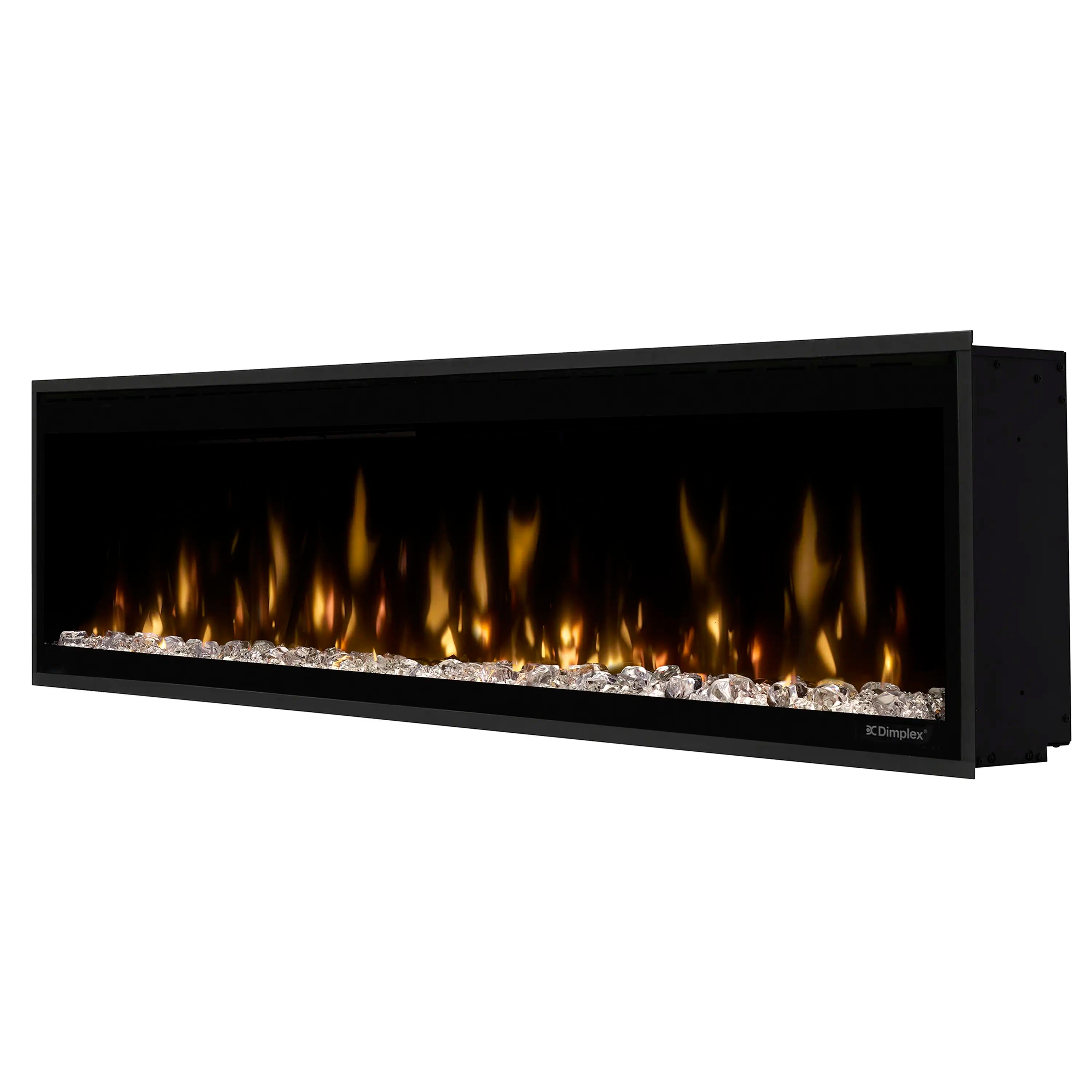 Built-in linear electric fireplace with bright flames and glowing ember bed
